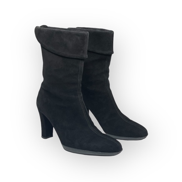 Aquatalia ⌘ Fold Over Suede Heeled Slouchy Boots ⌘ Back Zipper ⌘ Black 6.5M - Picture 11 of 16